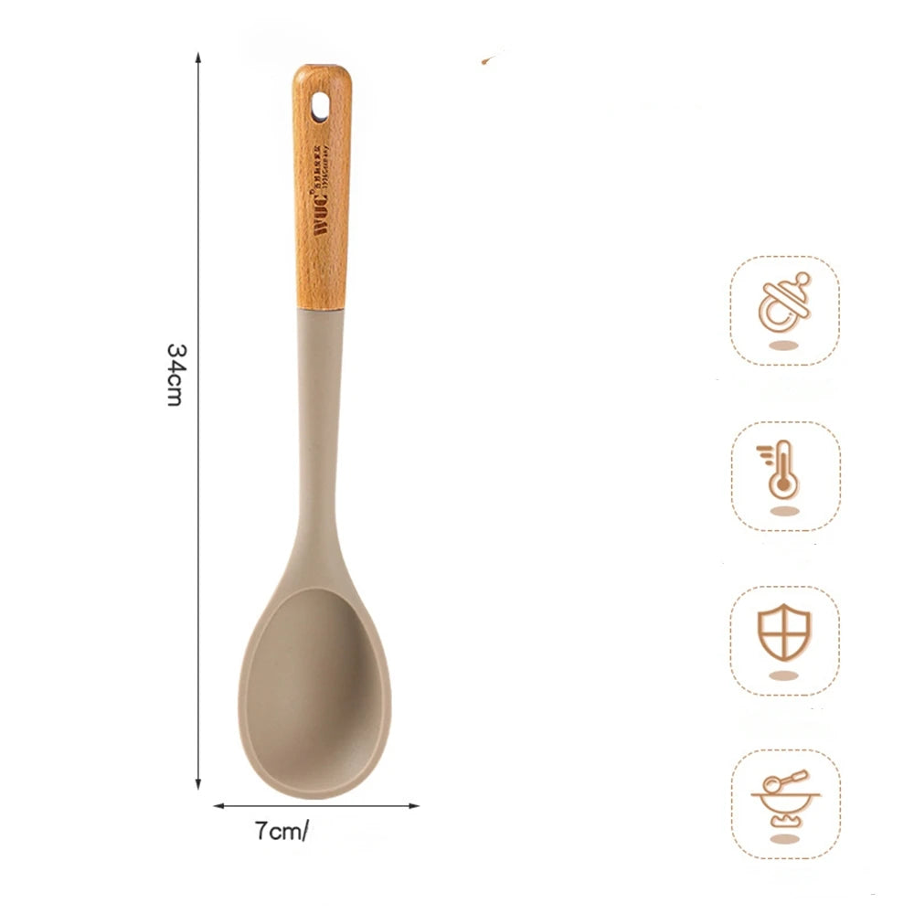 Silicone Cooking Utensils Set with Wooden Handle - Heat-resistant and Non-stick Kitchenware