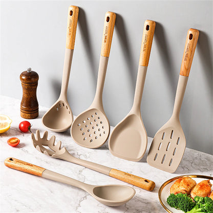 Silicone Cooking Utensils Set with Wooden Handle - Heat-resistant and Non-stick Kitchenware