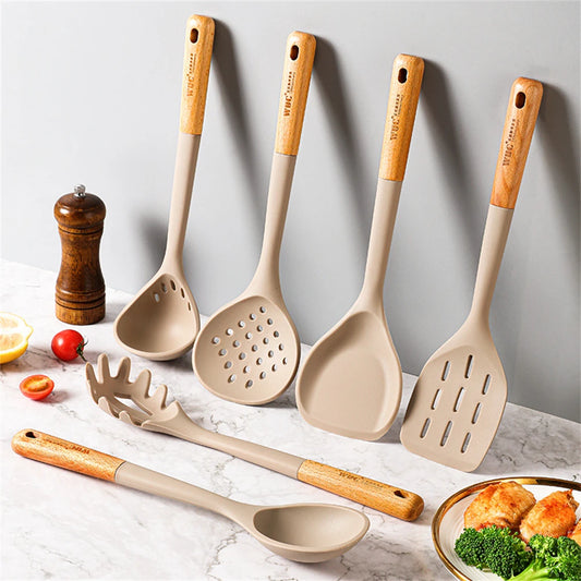 Silicone Cooking Utensils Set with Wooden Handle - Heat-resistant and Non-stick Kitchenware